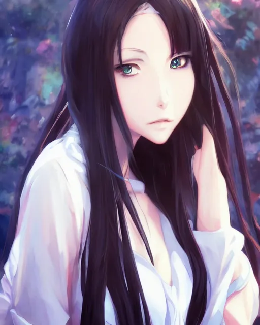 Image similar to An anime portrait of a beautiful girl with long black hair wearing a white blouse, by Stanley Artgerm Lau, WLOP, Rossdraws, James Jean, Andrei Riabovitchev, Marc Simonetti, and Sakimichan, tranding on artstation