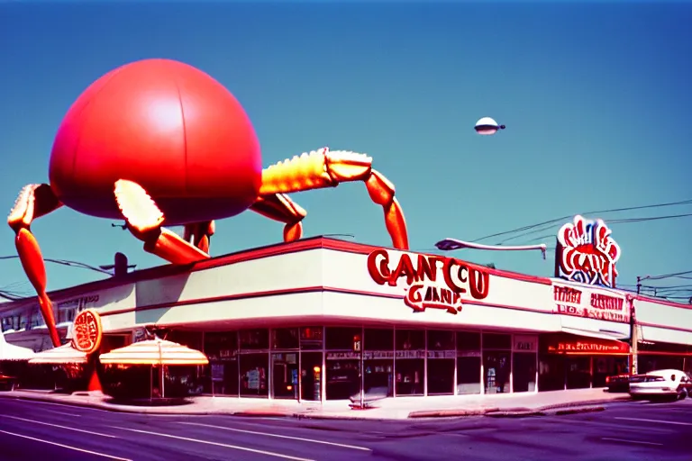 Image similar to 2 0 1 5 giant crab terrorizing a city, googie architecture, americana, fishcore, exterior photography, hd 8 k, photography cinestill