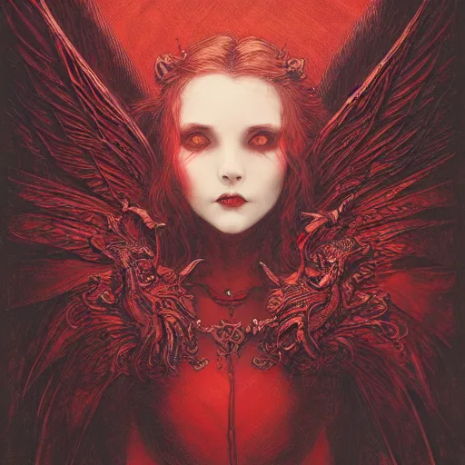 Image similar to gustave dore beautiful desirable vampire girl with ivory skull wings with some crimson, black background, beautifully lit, hyperdetailed, lighting, featured on artstation, by james jean, moebius, cory loftis, craig mullins, rutkowski, mucha klimt and tom bagshaw, 4 k, micro details