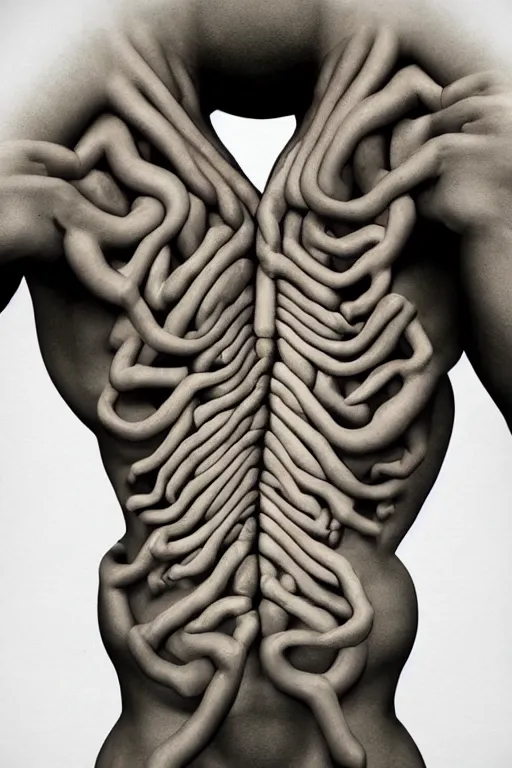 Prompt: a disturbingly realistic photograph of a mans body branching fractally indefinitely into geometric shapes