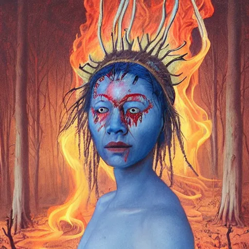 Image similar to A young blindfolded shaman woman with a decorated headband from which blood flows, blue hair and wood on her head. The background is a forest on fire, made by Esao Andrews and Karol Bak and Zdzislaw Beksinski