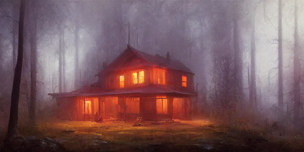 Image similar to an old house with red light on from the windows during the night in a forest, a men stand up in front of the house, mystical fog, oil on canvas, details, a desert road next to the house, illustration, art by andreas achenbach and alena aenami