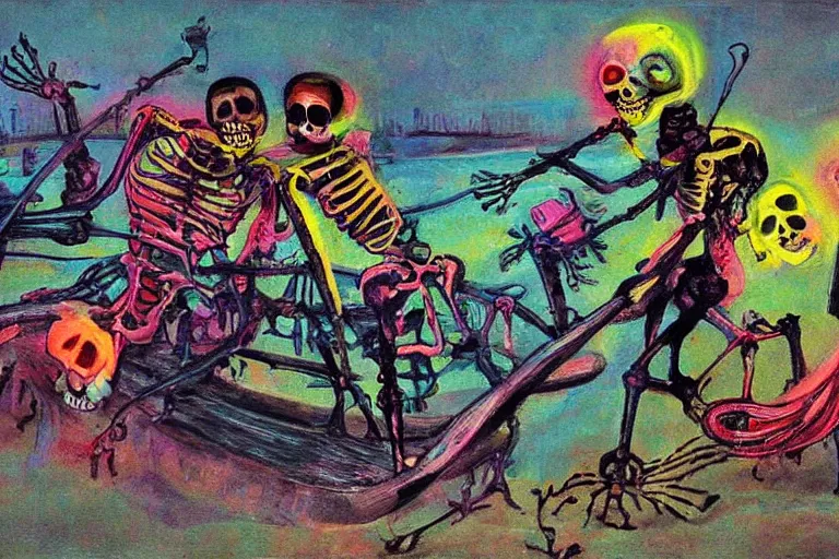 Prompt: scene from surfing, day of the dead, cyber skeleton, neon painting by otto dix
