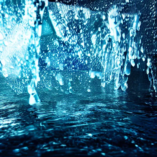 Image similar to water artwork manipulation inside the shape of an upside - down triangle under a waterfall, ray tracing, realistic water, focus, long shot, 8 k resolution, cinematic, water art photoshop