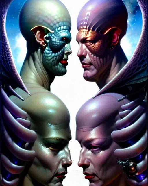 Prompt: a portrait of gemini good and evil fantasy character portrait facing each other, ultra realistic, wide angle, intricate details, the fifth element artifacts, highly detailed by peter mohrbacher, hajime sorayama, wayne barlowe, boris vallejo, aaron horkey, gaston bussiere, craig mullins