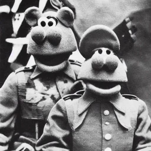 Image similar to vintage ww2 photograph of muppets as soldiers, realistic, weapons, war, battlefield