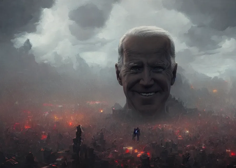 Image similar to abstract painting of giant Joe Biden smiling emperor of the world emerging in dark clouds, immense crowd of people, cosmic horror , trending on ArtStation, masterpiece, by Greg Rutkowski, by Ross Tran, by Fenghua Zhong, octane, lightbeam eyes, soft render, clear facial features, oil on canvas, moody lighting, cinematic, professional environment concept art