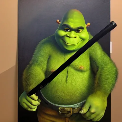 Image similar to hyper realistic oil painting of shrek holding a weapon in the back rooms