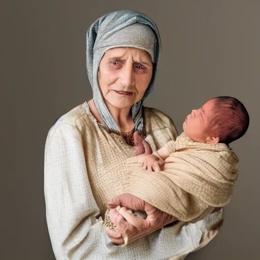 Prompt: 80 year old sentimental Mediterranean skinned woman in ancient Canaanite clothing holding a newborn baby, in the style of Corporate Memphis Alegria style
