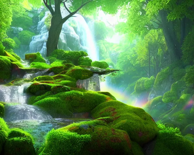 Prompt: a beautiful 3 d octane render of a fantasy forest with rainbow colored waterfalls and a lush green valley, vibrant, award winning, trending on artstation, digital art. highly detailed 8 k. intricate. lifelike. soft light. nikon d 8 5 0.