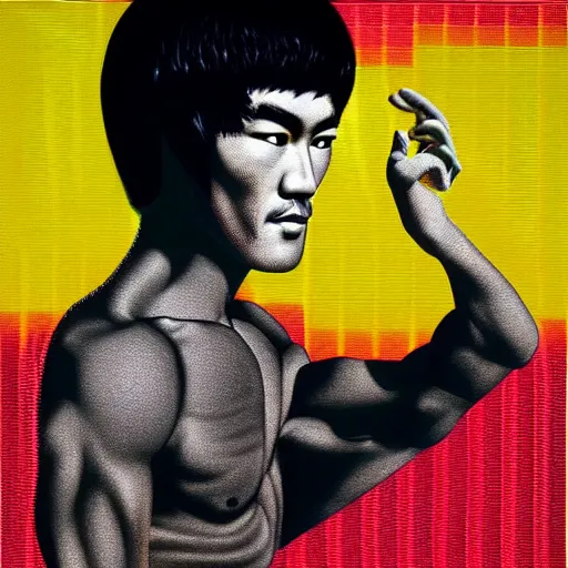 Prompt: portrait of bruce lee by shusei nagaoka, kaws, david rudnick, airbrush on canvas, pastell colours, cell shaded