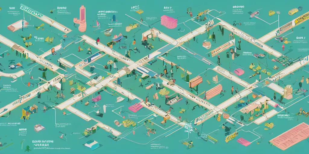 Prompt: getting ready for work map axonometric pastel infographic by Wes Anderson