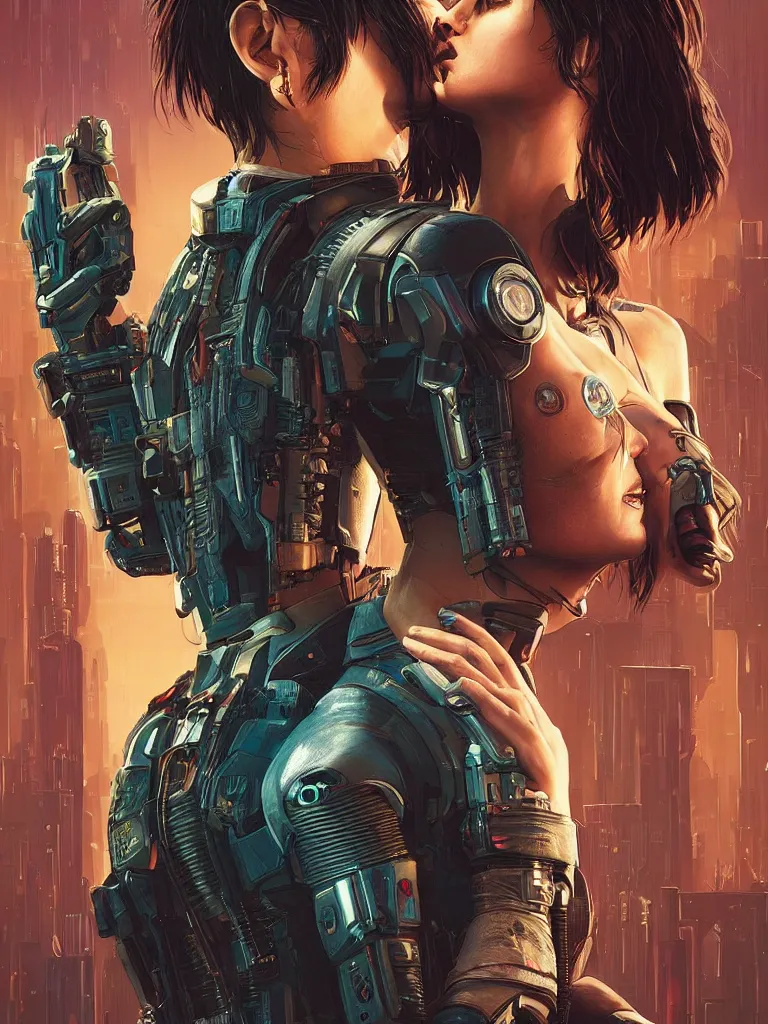 Image similar to a cyberpunk 2077 couple portrait of Keanu Reeves&female android in final kiss,love,film lighting,by Laurie Greasley,Lawrence Alma-Tadema,Dan Mumford,artstation,deviantart,FAN ART,full of color,Digital painting,face enhance,highly detailed,8K,octane,golden ratio,cinematic lighting