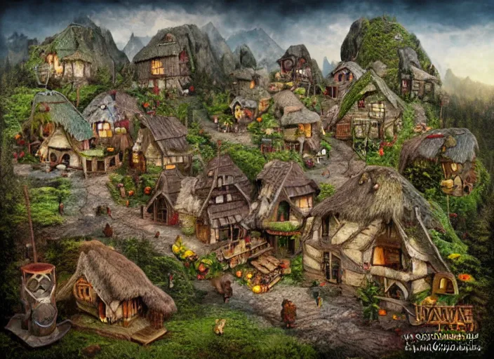 Prompt: dwarf - village built into a mountain, lowbrow, matte painting, 3 d highly detailed, in the style of mark ryden,