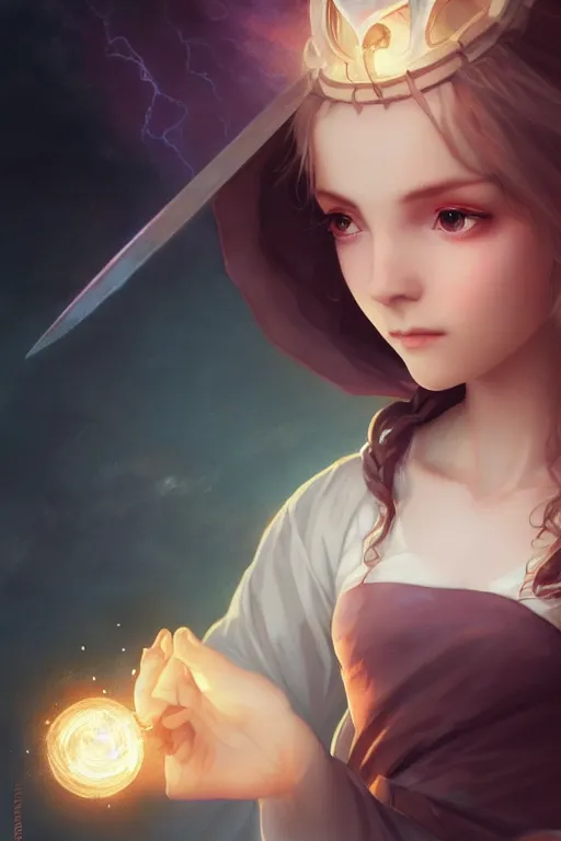 Prompt: a cute wizard girl conjuring a lightening ball, character art portrait, anime key visual, official media, illustrated by tom bagshaw, wlop, william bouguereau, extremely detailed, 8 k, trending on artstation, cinematic lighting, beautiful