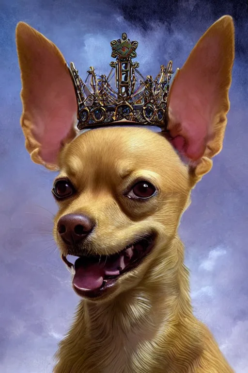 Image similar to God had dog Chihuahua's head, a radiant halo and crown, detailed face, gorgeous, very muscular male body, partial anatomy, stormy background, delicate and intricate borders for decoration, caesar victorious, proud Emperor, character close-up, intricate, highly detailed, 8K, digital painting, fantasy, concept art, sharp focus, art by greg rutkowski beeple and alphonse mucha