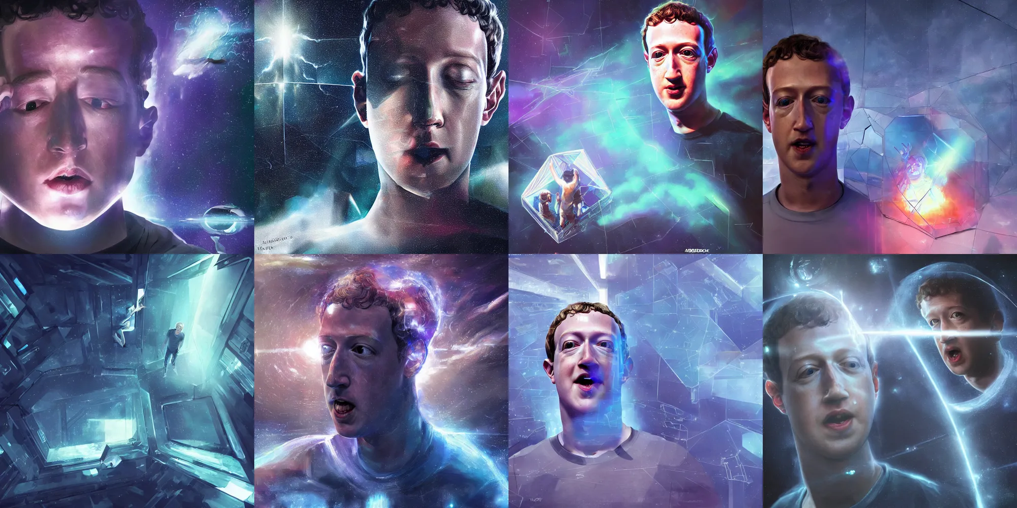 Prompt: mark zuckerberg trapped in a space prism, a prison of his own making, he is screaming, hyperreal, artstation