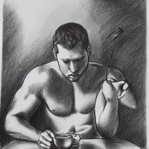 Image similar to zeus drinking tea in the olympus, pencil drawing