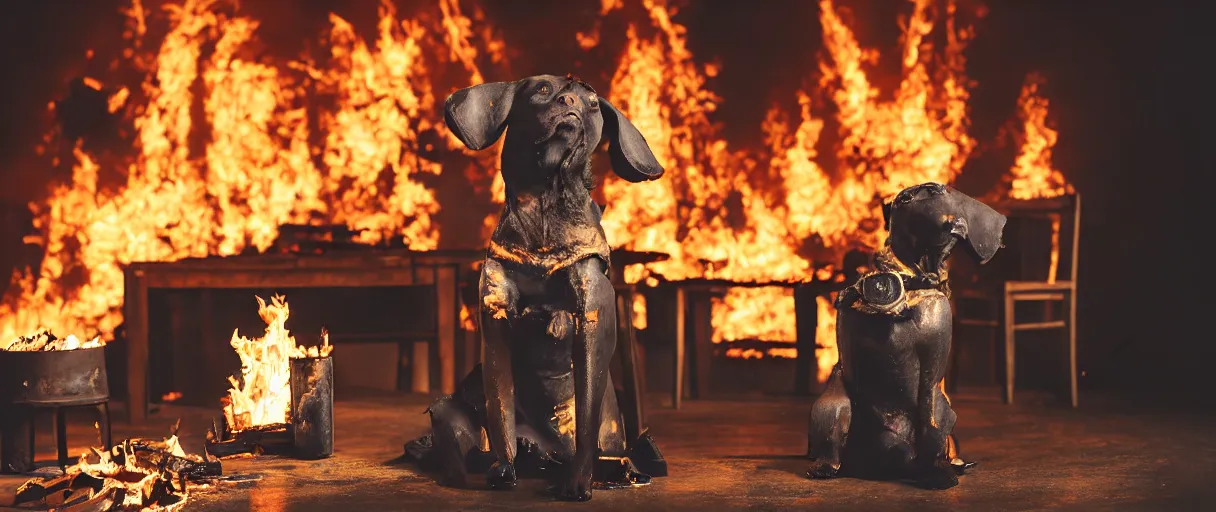 Image similar to a studio photograph (big flash on) of a huge fire on a dining room on fire in the background, in the foreground a relaxed anthropomorphic dog sitting on a wooden chair at a table (no fire at all there), sipping a cup of hot coffee, surrounded by flames, a lot of flames behind the dog, black smoke instead of the ceiling, no watermark