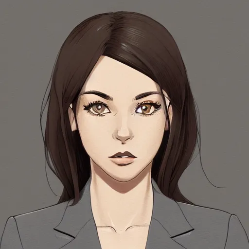 Prompt: woman in grey business suit, brown neat hair, pixiv, fanbox, trending on artstation, portrait, digital art, modern, sleek, highly detailed, formal, serious, determined, competent, colorized, smooth, charming, pretty, safe for work, thick