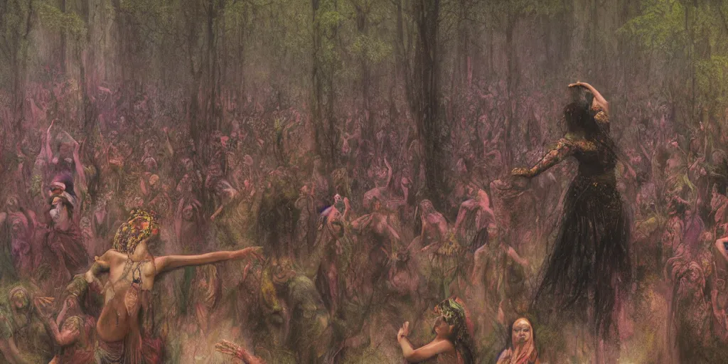 Prompt: a singular bellydancer dances on an altar in the middle of the forest, a multitude of people gathers around her in praise, a painting by beksinski, by ruan jia, by austin osman spare, symbolist painting, mist, volumetric render, digital painting, detailed painting, occult