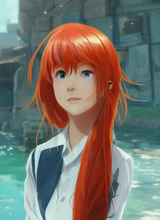 Image similar to highly detailed portrait of asuka langley soryu, stephen bliss, unreal engine, loish, rhads, makoto shinkai and lois van baarle, ilya kuvshinov, global illumination, radiant light, detailed and intricate environment