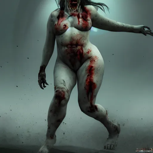 Image similar to angry obese zombie female, full body portrait, pale skin and deep bloody wounds, horror core, apocalyptic, feeling of grimdark, sharp focus, fiction, hyper detailed, digital art, trending in artstation, cinematic lighting, studio quality, smooth render, unreal engine 5 rendered, octane rendered, art style and nixeu and wlop and krenz cushart, neongreen vomit