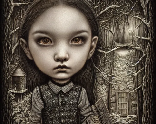 Image similar to intricate detailed portrait of a character in front of a cabin in a dark mysterious forest by mark ryden