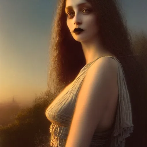 Image similar to photographic portrait of a stunningly beautiful gothic female in soft dreamy light at sunset, by edward robert hughes, annie leibovitz and steve mccurry, david lazar, jimmy nelsson, breathtaking, 8 k resolution, extremely detailed, beautiful, establishing shot, artistic, hyperrealistic, beautiful face, octane render