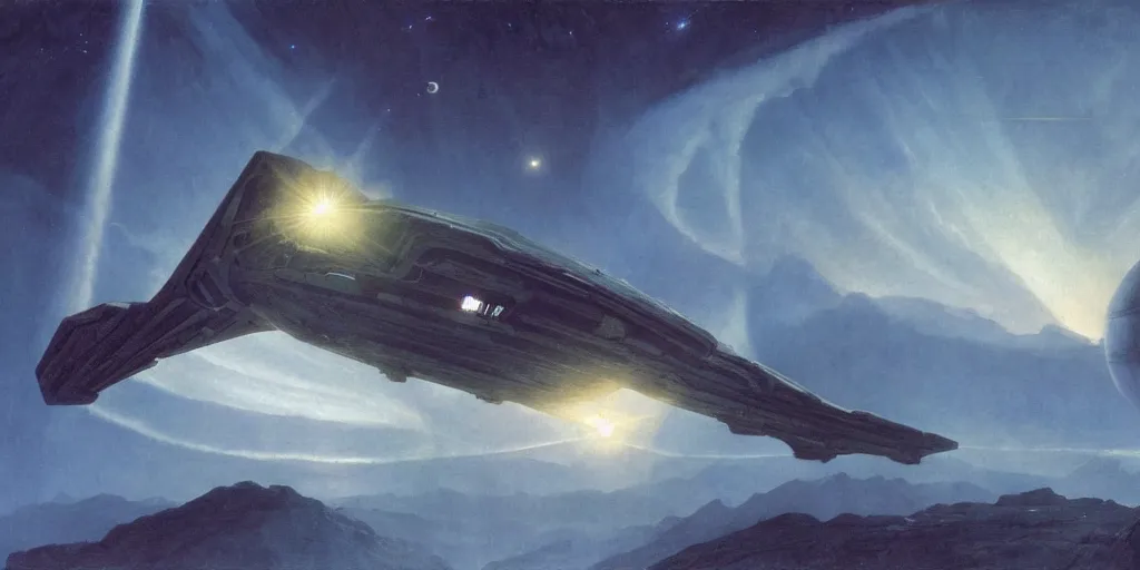 Prompt: a ship from star trek orbiting over a alien planet, volumetric light from nearby star, style by caspar david friedrich and wayne barlowe and ted nasmith.