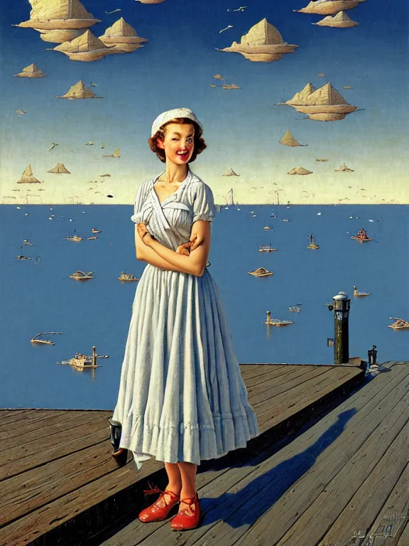 Image similar to a fancy beautiful young lady standing on a wharf at the edge of the sea by rob gonsalves and ruth deckard and gil elvgren and harry ekman and george petty and hilo chen and norman rockwell, crisp details, hyperrealism, high detail, high contrast, low light, grey mist, cobblestones, dim lantern