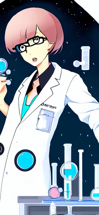 Image similar to an anime art of a female scientist in a laboratory holding a black hole, concept art, stylised, elegant, illustration, oc commission, high detailed