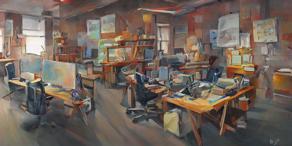 Image similar to painting workplace, art style by bryen frost
