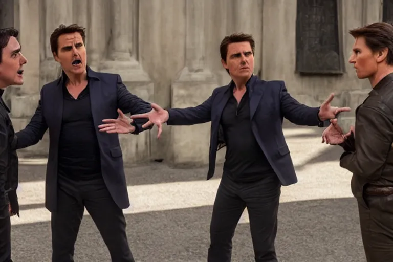 Prompt: a film still of Peter Serafinowicz arguing with Tom Cruise in Mission: Impossible IX, high quality