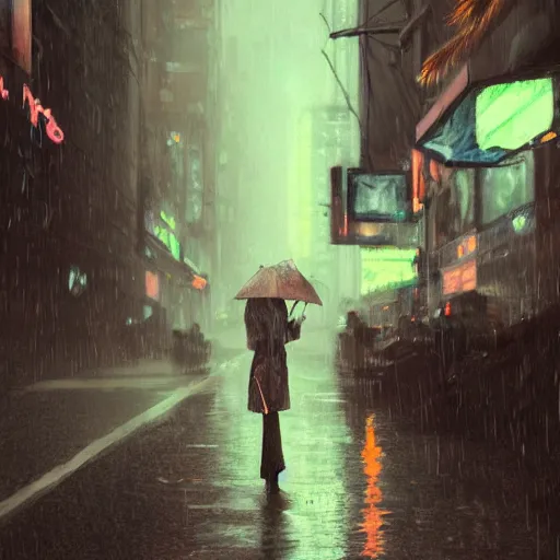 Image similar to beautiful portrait of a female anthro fox, smoking a cigarette in the rain, in crowded and wet street of a city, melancholic, cyberpunk, harsh neon lights, highly detailed, deep shadows, digital painting, shallow depth of field, illustration, art by sakimichan and greg rutkowski