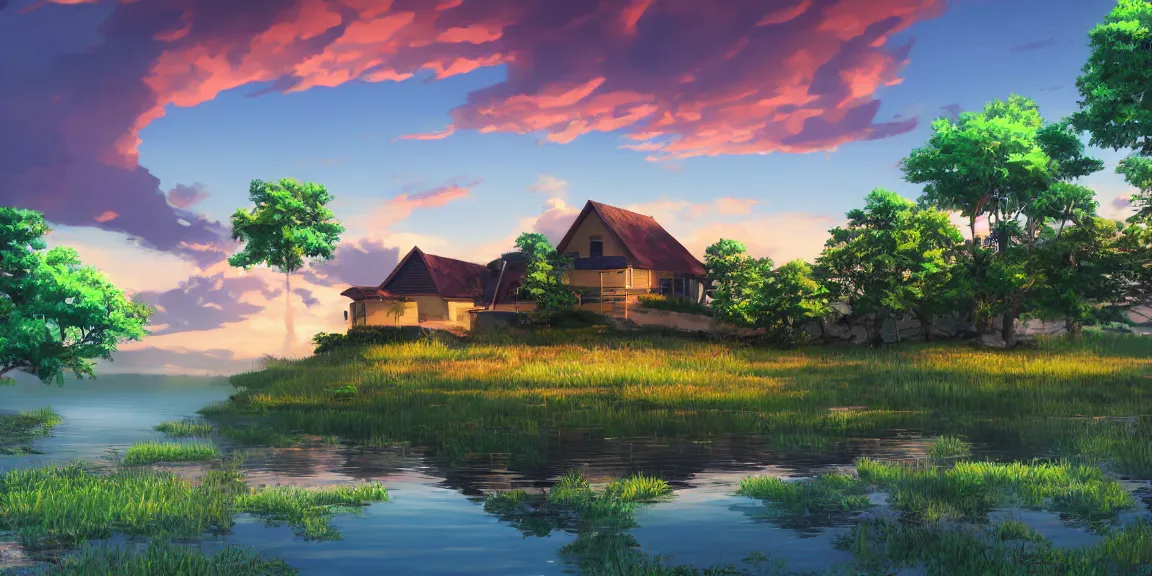 Image similar to a serene landscape with a singular building near a lake at sunset, anime style, 8k, low saturation, high quality, high detail, cartoon