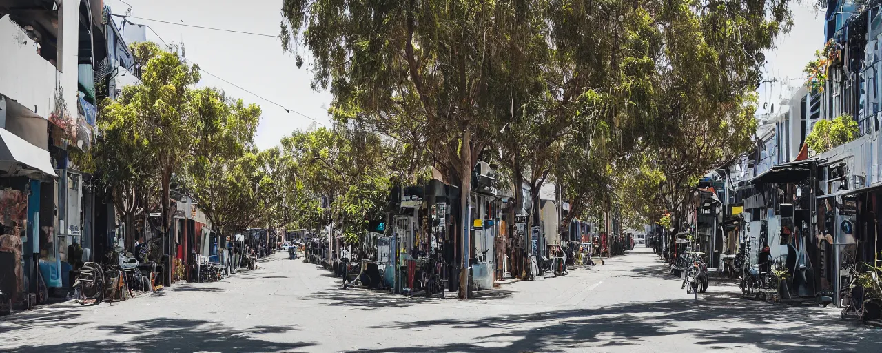 Prompt: a street in brunswick, melbourne, where the street has been reclaimed by nature, and has been turned into a futuristic marketplace, depth of field, XF IQ4, 150MP, 50mm, F1.4, ISO 200, 1/160s, natural light