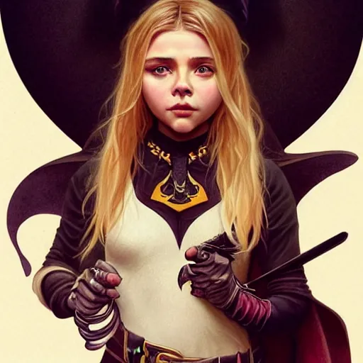 Image similar to Beautiful Chloë Grace Moretz as Bat Girl, western, D&D, fantasy, intricate, elegant, highly detailed, digital painting, artstation, concept art, matte, sharp focus, illustration, art by Artgerm and Greg Rutkowski and Alphonse Mucha