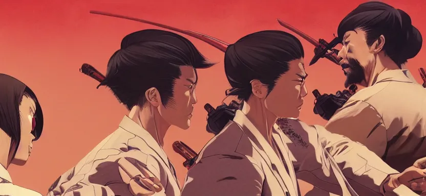 Image similar to a yakuza gang fistfight, digital painting masterpiece, by ilya kuvshinov, by frank frazetta, by mœbius, by reiq, by hayao miyazaki, intricate detail, beautiful brush strokes, advanced lighting technology, 4 k wallpaper, interesting character design, stylized yet realistic anatomy and faces, inspired by kill bill animated scene