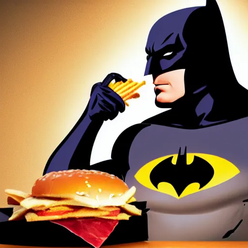 Prompt: A still of Batman eating a Big Mac, 4k, photograph, ultra realistic, highly detailed, studio lighting