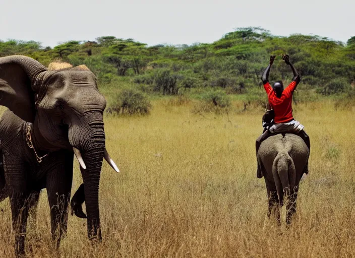 Image similar to film still, extreme wide shot of an tribal african man riding an elephant alone on the savannah, extreme long shot, 4 k, award winning