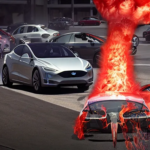 Prompt: elon musk in hell surrounded by flaming teslas