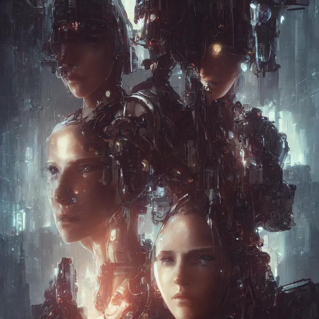 Prompt: a portrait of a cyberpunk beautiful young woman by Greg Rutkowski, biomechanical,highly detailed portrait, Blade Runner background, futuristic, digital engine, luminous