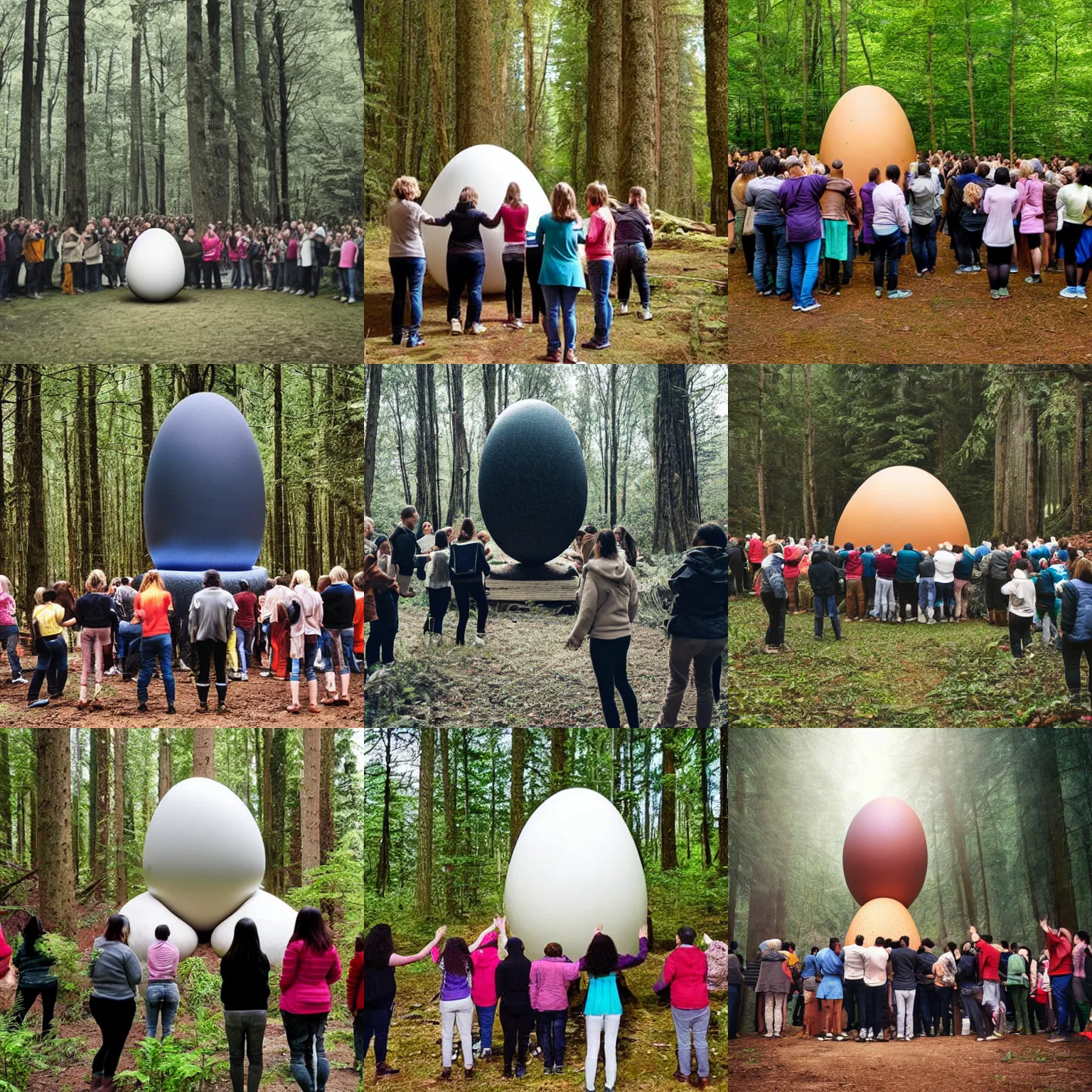 Prompt: photograph of a group of people worshipping a giant egg in a forest