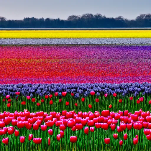 Image similar to A 4k photo of a field of tulips, blue skies, high contrast, early morning