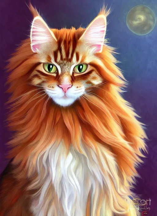 Prompt: pretty ginger maine coon cat fluffy, head down, demure, shy, path traced, highly detailed, high quality, digital painting, by studio ghibli and alphonse mucha, leesha hannigan, disney