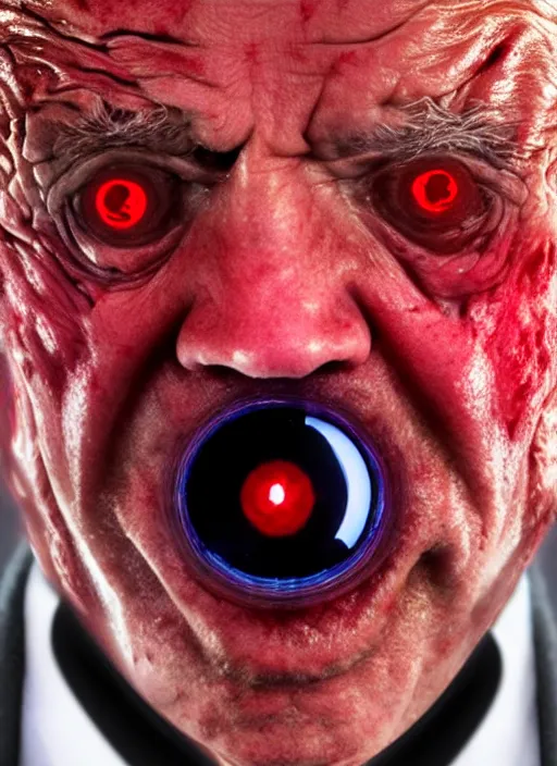 Image similar to hyper realistic ultra realistic horror terror dimensional photo furious glowing red eyes biden, high quality photo, detailed , 8k