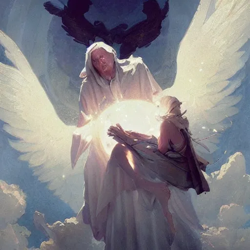 Image similar to priests crying while angels fly above them geog darrow greg rutkowski