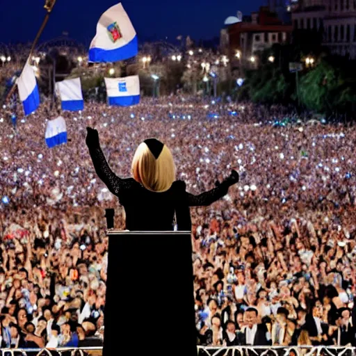 Image similar to Lady Gaga as president, Argentina presidential rally, Argentine flags behind, bokeh, giving a speech, detailed face, Argentina