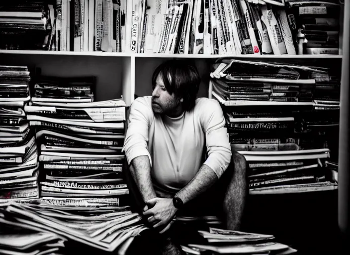 Image similar to dslr photo still of!!! alex jones!!! sitting depressed in a room filled to the ceiling with newspapers, 5 2 mm f 5. 6